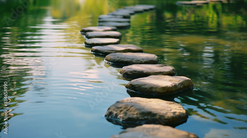 A serene scene with smooth stones laid out as a path across a calm body of water reflecting greenery