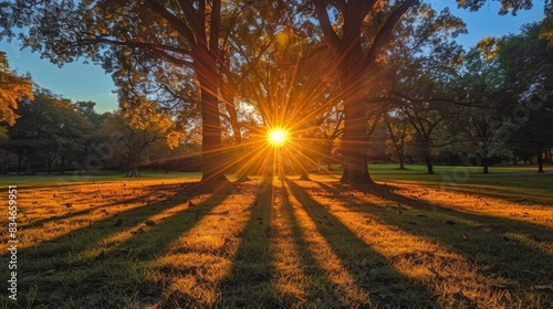 A serene image of the sun setting perfectly between two trees, casting long shadows on the ground, marking the arrival of the autumnal equinox and the beginning of fall.