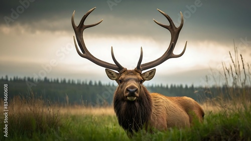 A large elk is standing in a lush green field,