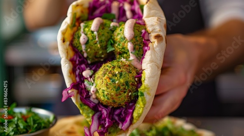 Falafel pita with fresh vegetables and tahini sauce.