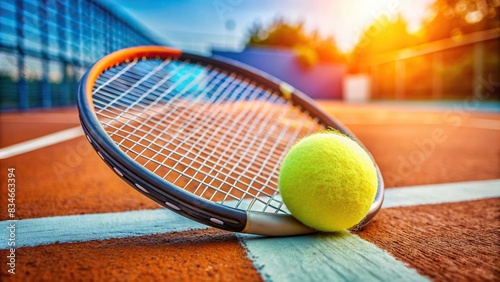Closeup of tennis ball and racket on court line with peach blue background, tennis, ball, racket, clay court, closeup, sports, recreation, hobby, equipment, competition, game, tennis match