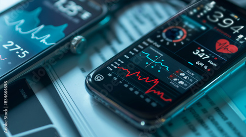 A close-up of a smartwatch syncing data with a health app on a phone a dynamic and dramatic composition, with cope space