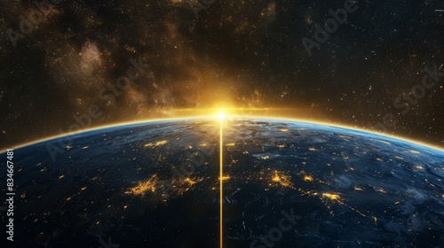 An artistic rendering of Earth's axis, depicted as a golden rod extending from the North to the South Pole, symbolizing the planet's rotational axis