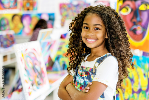Young girl in glasses smiling confidently in front of colorful abstract paintings.
