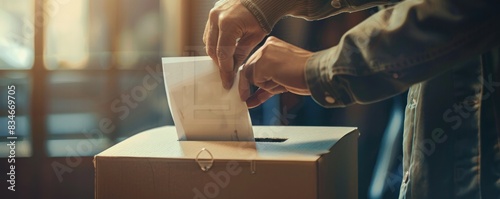 A person is voting putting a piece of paper into a ballot box. The person is wearing a black shirt