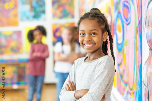 Young girl in glasses smiling confidently in front of colorful abstract paintings.