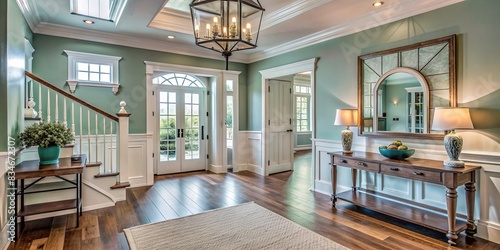 Open wide hallway foyer with coastal colors, transom, hanging light fixture, entry way table, and wood floors , spacious, interior design, front door, hallway, foyer, transom window