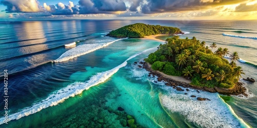 Top aerial drone view of ocean waves on a tropical beach island, perfect for surfing adventures and island vacations, drone, aerial, ocean, waves, beach, island, vacation, surfing