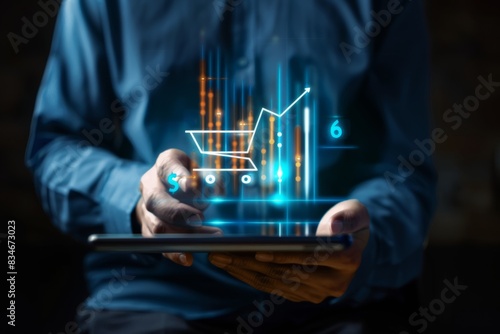 Merchant, touch, transparent screen, Virtual sales, Merchants touch virtual sales growth charts and shopping cart ICONS on a transparent screen, representing the concept of business success. This pers