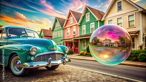 Colorful vintage bubble gum bubble with old houses and classic car in background, bubble gum, vintage, colorful, houses, classic car, retro, bubble, blow, childhood, nostalgia