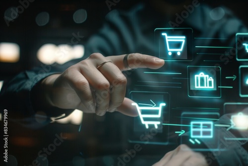Merchant, touch, transparent screen, Virtual sales, Merchants touch virtual sales growth charts and shopping cart ICONS on a transparent screen, representing the concept of business success. This pers