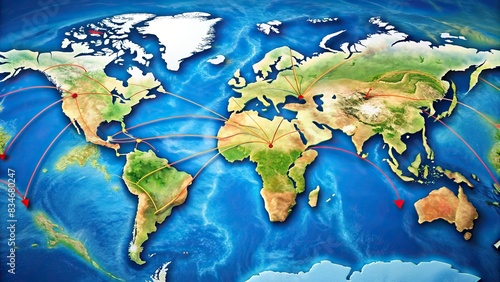 A map showing migration routes between continents, with arrows representing movement and various landmarks representing different causes for migration , migration, movement, patterns
