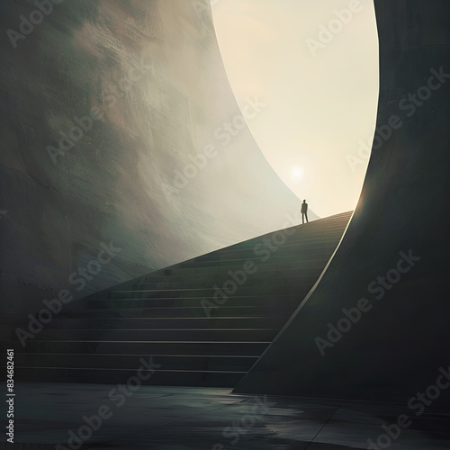 Człowiek idący po schodach w surrealistycznym tunelu – symbolika drogi i celu