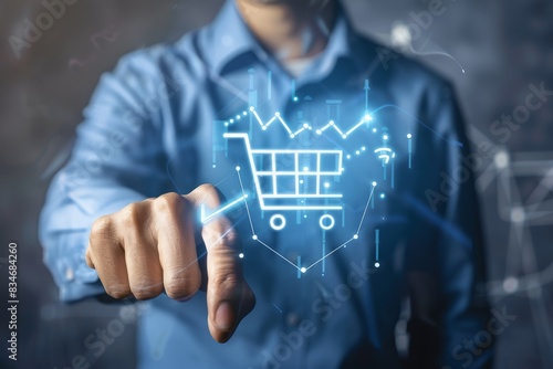 Merchant, touch, transparent screen, Virtual sales, Merchants touch virtual sales growth charts and shopping cart ICONS on a transparent screen, representing the concept of business success. This pers