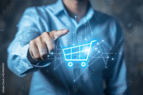 Merchant, touch, transparent screen, Virtual sales, Merchants touch virtual sales growth charts and shopping cart ICONS on a transparent screen, representing the concept of business success. This pers