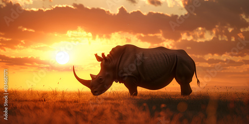 Majestic rhino on the savannah against a vibrant sunset wildlife in natural habitat stunning nature.