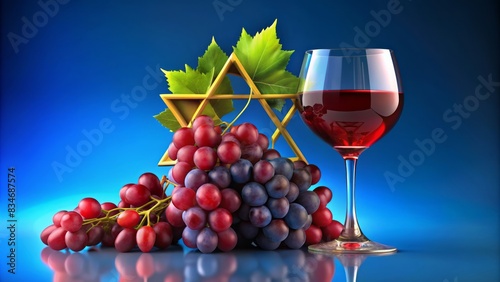 Vibrant red grapes, star of david, and elegant wine glass adorn a serene blue background, exuding warm judaic elegance, perfect for shabbat shalom and festive celebrations.