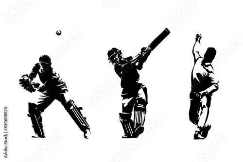 Cricket players, group of batsman, bowler and wicket-keeper in action, isolated vector silhouette, front view
