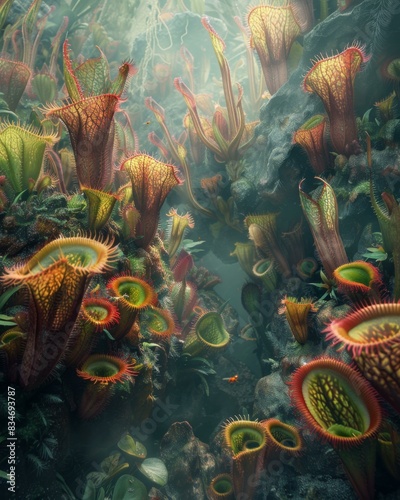 Bioluminescent pitcher plants in a misty jungle. AI.