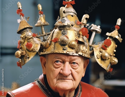 Portrait of an elderly man wearing an elaborate and eccentric metal headdress, looking directly at the camera with a neutral expression. AI.