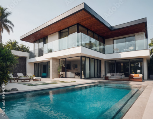 La casa minimalista ha una piscina con angolo relax e gazebo, perfetta per momenti di svago e comfort. 