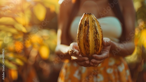 Close-up image of a woman holding a basket of Cocoa pod. Cut in half ripe cacao pods 