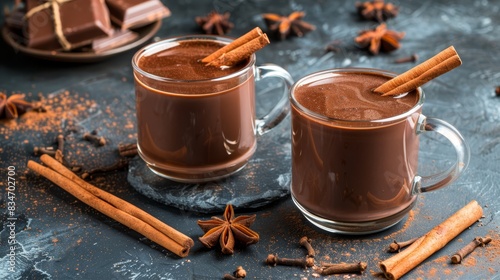  Two mugs of hot chocolate on a slate surface, each garnished with a cinnamon stick and a star anise