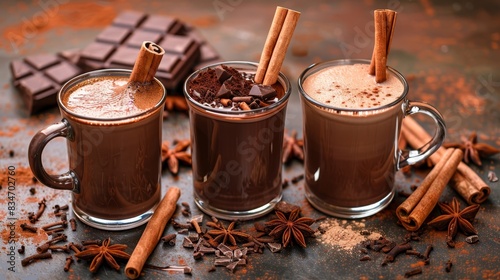  Three mugs of hot chocolate, each garnished with cinnamon sticks and a star anise A gray surface holds the mugs, with additional cinnamon sticks and star an