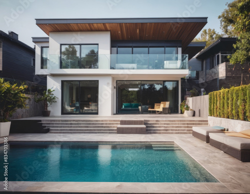 La piscina rettangolare di una casa moderna è affiancata da una terrazza con zona pranzo all'aperto e barbecue. 