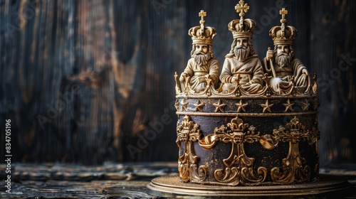  A gold and black crown atop a wooden table Nearby, a picture of a king and queen sits atop a separate sheet of paper