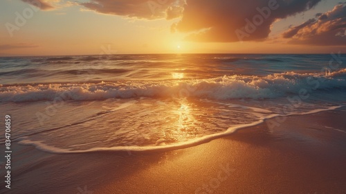 Sunset Waves on Golden Sandy Beach