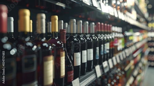 Extensive Selection of Red and White Wines on Supermarket Shelves