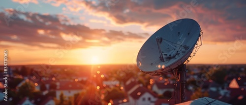 Closeup of a satellite dish installed on a rooftop, symbolizing connectivity and communication technology