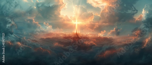 Cross on Golgotha with light rays, Easter greeting card, spiritual, serene clouds, divine landscape, religious symbol, inspirational
