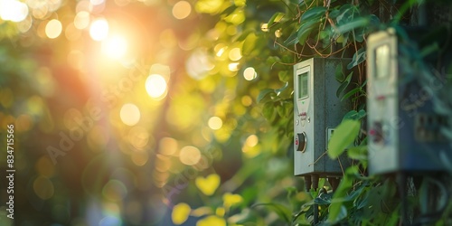 Energy meter for household electronic devices with obscured nature-inspired green backdrops, ideas for electricity consumption.