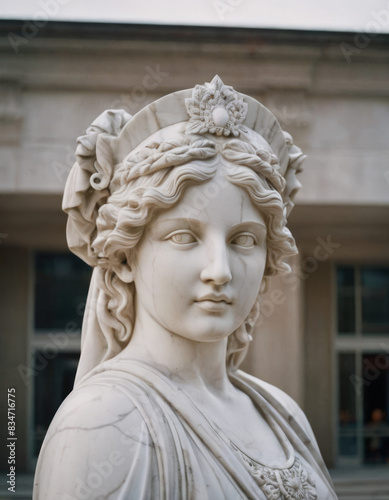 Una statua in gesso bianca che raffigura una matrona romana, con un volto sereno e dignitoso. 