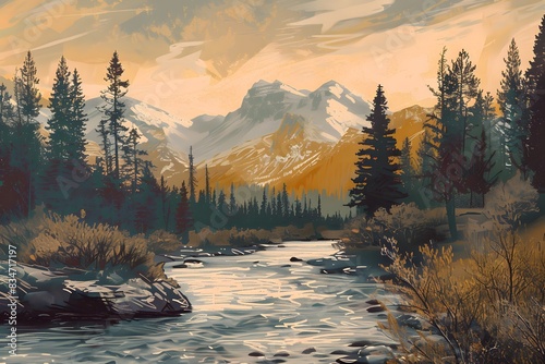 river with mountain landscape with vintage style 