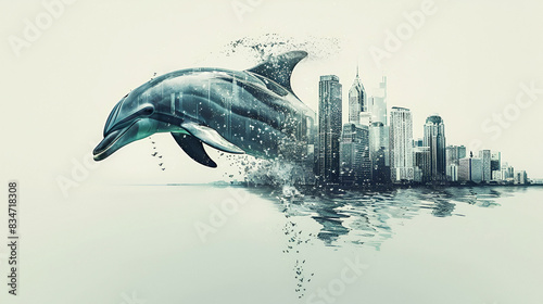 Creative and surreal illustration featuring a dolphin leaping from the water with a cityscape integrated into its body, blending nature and urban elements