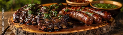 Argentine asado, grilled beef ribs and sausages, served with chimichurri sauce on a wooden platter with a scenic Patagonian landscape