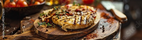 Argentine provoleta, grilled provolone cheese, served on a wooden platter with a Buenos Aires street market backdrop