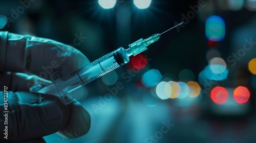 syringe filled with medication held by a medicine