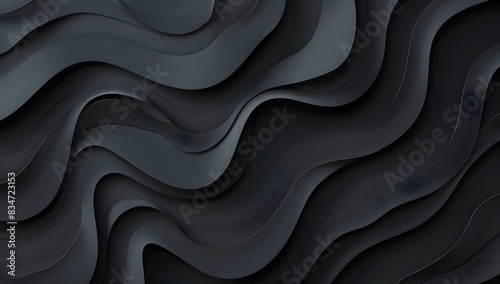 Black abstract background with a 3D paper cut wave pattern shape, in a 2d flat illustration style, using a dark gray and black color scheme, at a high resolution 