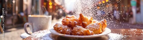 French beignets, deepfried and dusted with powdered sugar, served with a side of coffee, on a cafe table with a Parisian street scene in the background