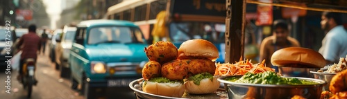 Indian vada pav, spicy fried potato patties in a bun, served with green chutney and garlic chutney, on a street vendor s cart with bustling Mumbai traffic in the background
