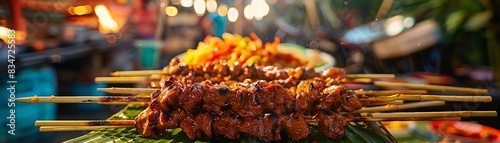 An assortment of delicious and authentic satay skewers, grilled to perfection and served on a banana leaf. The perfect street food for a taste of Southeast Asian flavors.