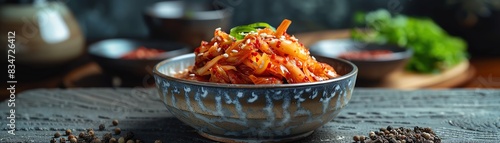 A bowl of kimchi, a traditional Korean side dish made of fermented vegetables, is served on a dark table. The kimchi is topped with green onions and sesame seeds.