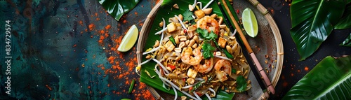Pad Thai, a popular Thai street food dish made with stir-fried rice noodles, vegetables, and a sweet and sour sauce, garnished with fresh lime and peanuts.