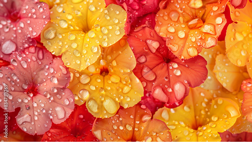 Close-up of lantana flower petals with water drops. top down view, flat lay