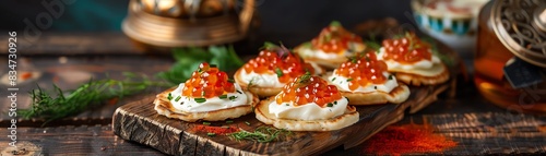 A beautiful composition of blinis topped with cream cheese and red caviar