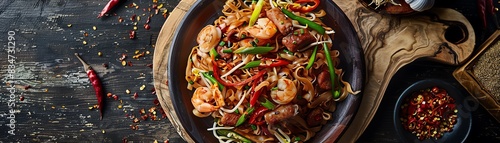 Pad Thai, a popular Thai street food dish, is made with stir-fried rice noodles, vegetables, and a sweet and sour sauce. It is often served with shrimp, chicken, or tofu.